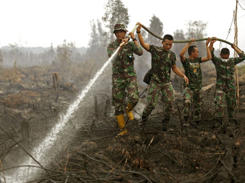 Indonesian soldiers spraying water on a peatland fire in Indonesia. The transboundary haze suffered by Singaporeans last year was largely due to peatland fires on APP’s concessions. Photo: REUTERS Indonesian soldiers spraying water on a peatland fire in Indonesia. The transboundary haze suffered by Singaporeans last year was largely due to peatland fires on APP’s concessions. Photo: REUTERS