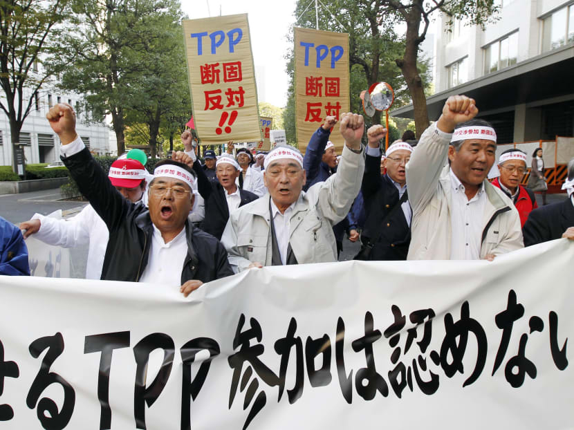 Japanese farmers protesting against 
the TPP. Tokyo has demanded  exemptions for its agricultural sector, with tariffs on items such as rice and beef kept. 
Photo: Reuters