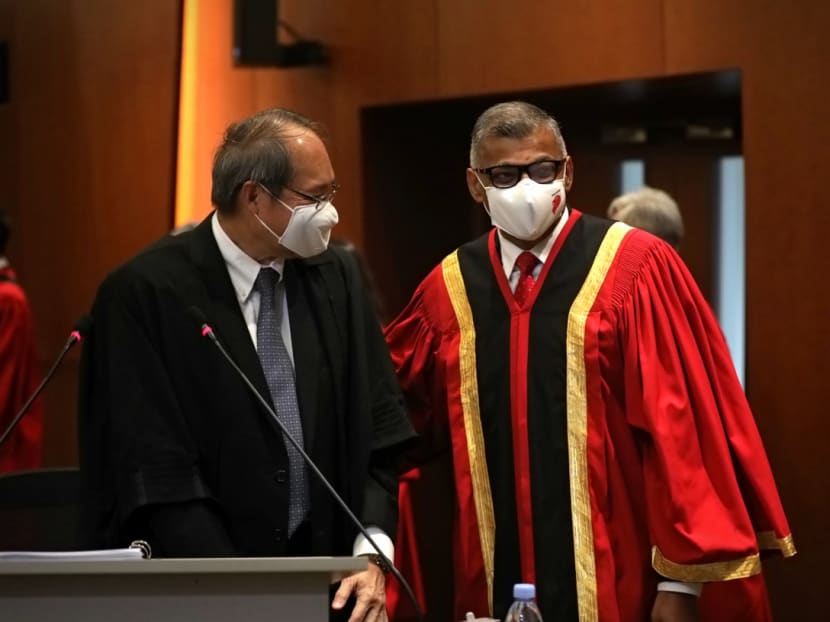 Attorney-General Lucien Wong (left) and Chief Justice Sundaresh Menon chat before the Opening of Legal Year 2021 ceremony at the State Courts on Monday (Jan 11).
