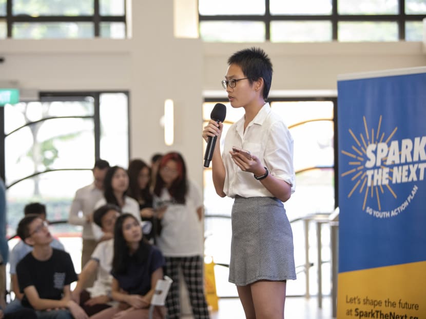 A participant making a pitch at a Youth Action Challenge session on Jan 18, 2020.