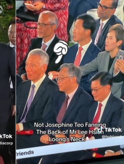 Mr Lawrence Wong (right, in left-hand photo) and his wife Ms Loo Tze Lui at the ceremony at the Istana for Mr Wong's swearing-in as Prime Minister. The right-hand photo shows Ms Josephine Teo fanning the neck of Mr Lee Hsien Loong, the outgoing prime minister.