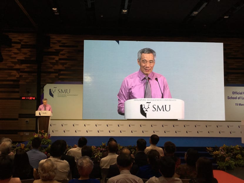 Prime Minister Lee Hsien Loong speaking at the opening of the SMU School of Law building on Wednesday (March 15). Photo: Alfred Chua/TODAY