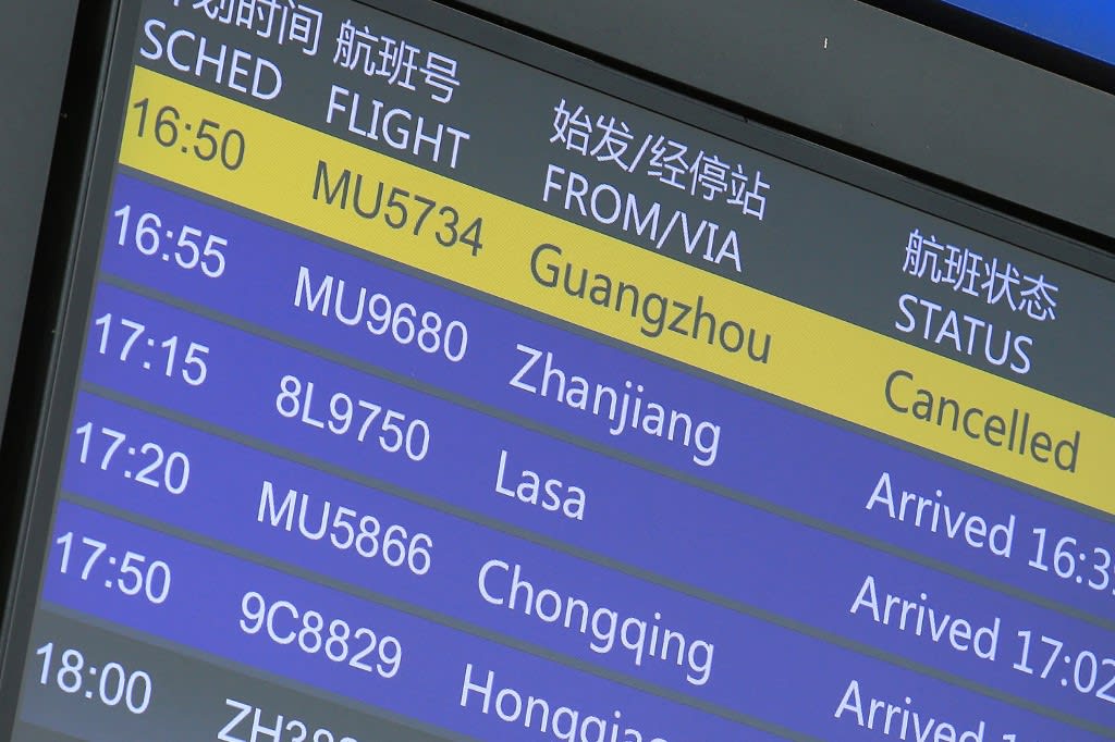 A flight information board shows cancelled China Eastern Airlines flight MU5735 (top) at the Kunming Changshui International Airport in China's southwestern Yunnan province on March 21, 2022, after the China Eastern aircraft flying from Kunming to the southern hub of Guangzhou crashed in southwestern China. A flight information board shows cancelled China Eastern Airlines flight MU5735 (top) at the Kunming Changshui International Airport in China's southwestern Yunnan province on March 21, 2022, after the China Eastern aircraft flying from Kunming to the southern hub of Guangzhou crashed in southwestern China.