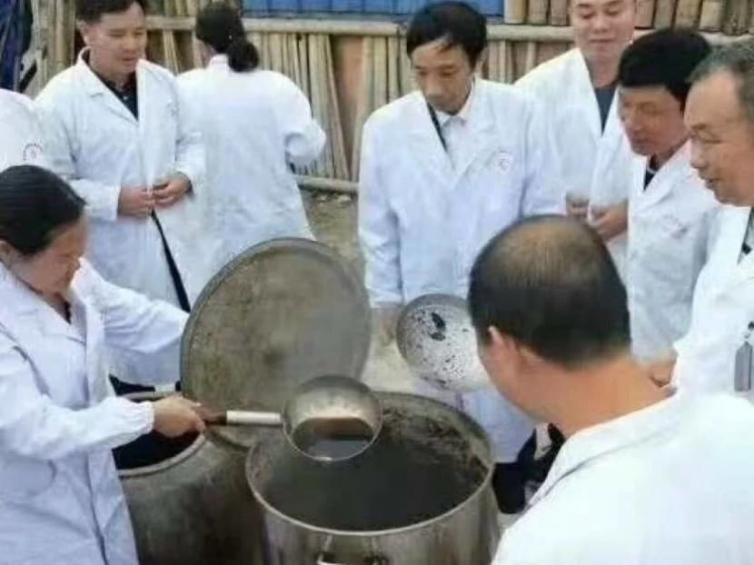 The herbal preparation is ladled from a pot during the gathering of traditional Chinese medicine doctors in Binyang county, Guangxi.