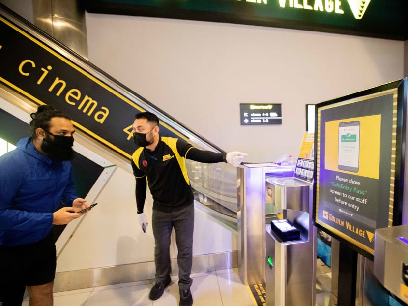 Movie-goers were required to scan their Safe Entry QR code before entering Golden Village cinema at Tampines Mall shopping centre on July 13, 2020, as cinemas across Singapore reopened after more than three months. Movie-goers were required to scan their Safe Entry QR code before entering Golden Village cinema at Tampines Mall shopping centre on July 13, 2020, as cinemas across Singapore reopened after more than three months.