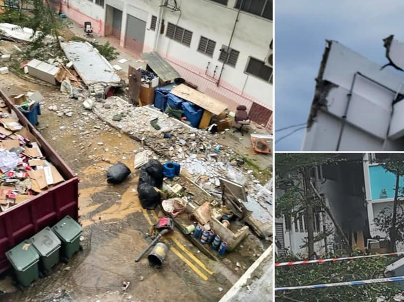 The response by National Development Minister Desmond Lee comes after an incident on Aug 22, 2021 (pictured) where a 40m-long concrete sunshade on an industrial building rooftop in Bedok dislodged and fell.
