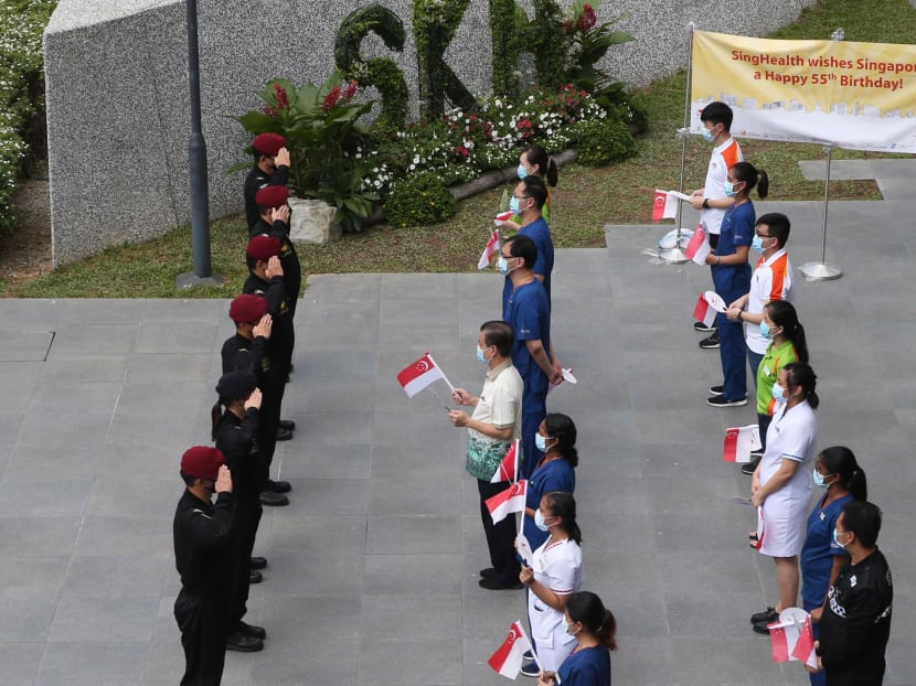 The Red Lions saluting healthcare workers outside Sengkang General Hospital on Singapore's National Day on Aug 9, 2020.