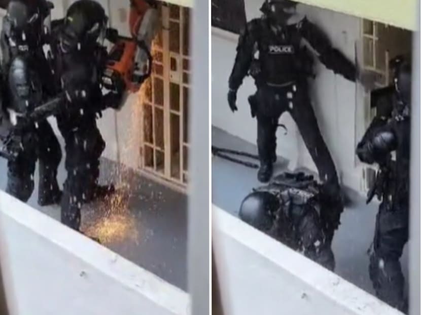 A screen grab of a TikTok video from user "zailia7276" showing police officers using a saw to breach a residential unit's main gate before entering.