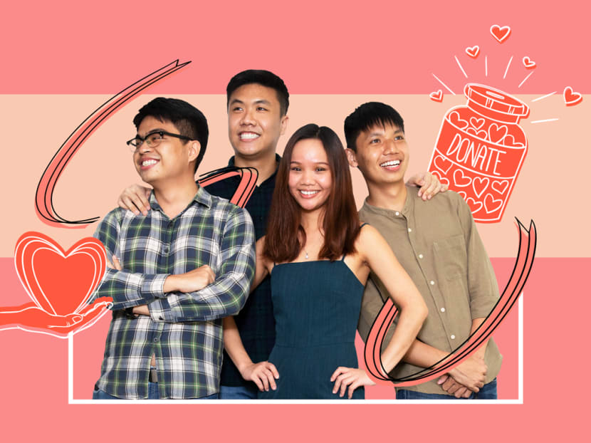 From left: Gift for Good members Tan Jin Ying, 26; Marcus Koh, 25; Wong Jing Wen, 23; and Yeo Qin-Liang, 23. From left: Gift for Good members Tan Jin Ying, 26; Marcus Koh, 25; Wong Jing Wen, 23; and Yeo Qin-Liang, 23.