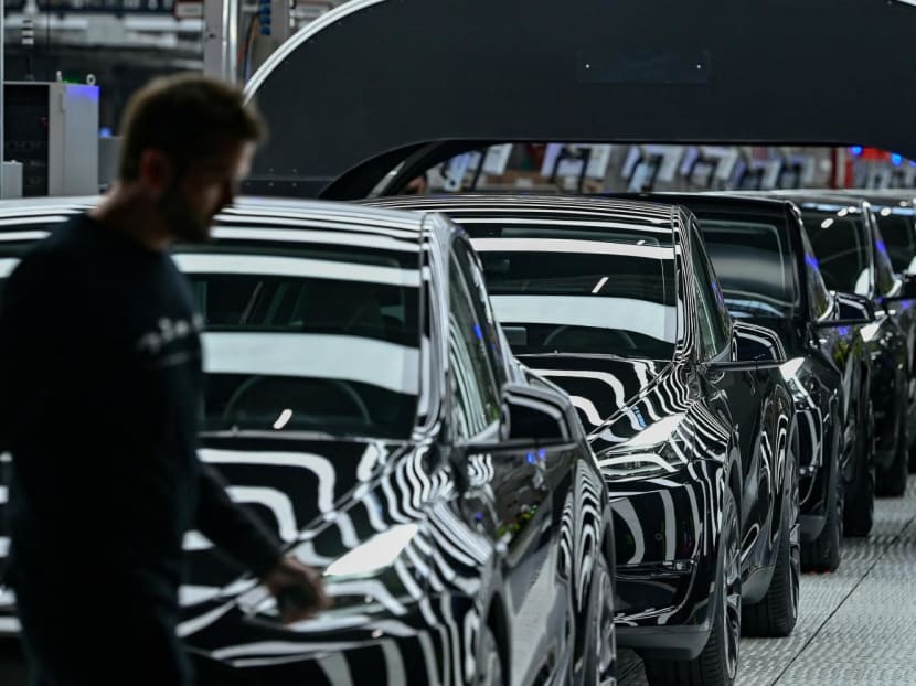 Model Y cars are pictured during the opening ceremony of the new Tesla Gigafactory for electric cars in Gruenheide, Germany on March 22, 2022.
Model Y cars are pictured during the opening ceremony of the new Tesla Gigafactory for electric cars in Gruenheide, Germany on March 22, 2022.