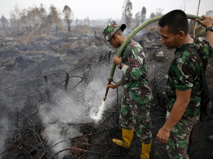 Indonesian soldiers spray water on a peatland fire in Pulang Pisau regency, east of Palangkaraya, Central Kalimantan, Indonesia Oct 29, 2015. Photo: Reuters