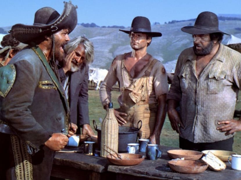 Terence Hill (second from right) and Bud Spencer (right) starred in several movies together including comedies and spaghetti Westerns such as They Call Me Trinity. Photo: movie still.