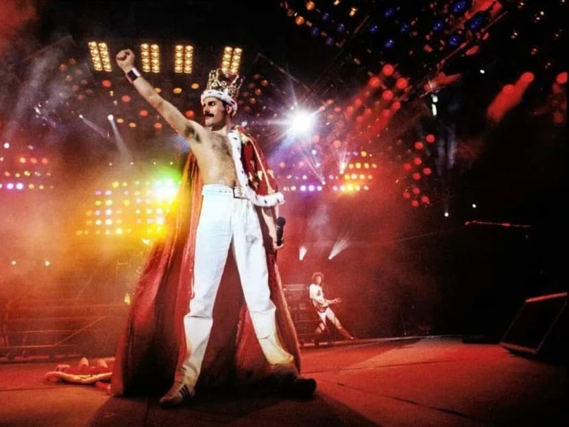 Queen frontman Freddie Mercury at Wembley Stadium in 1986