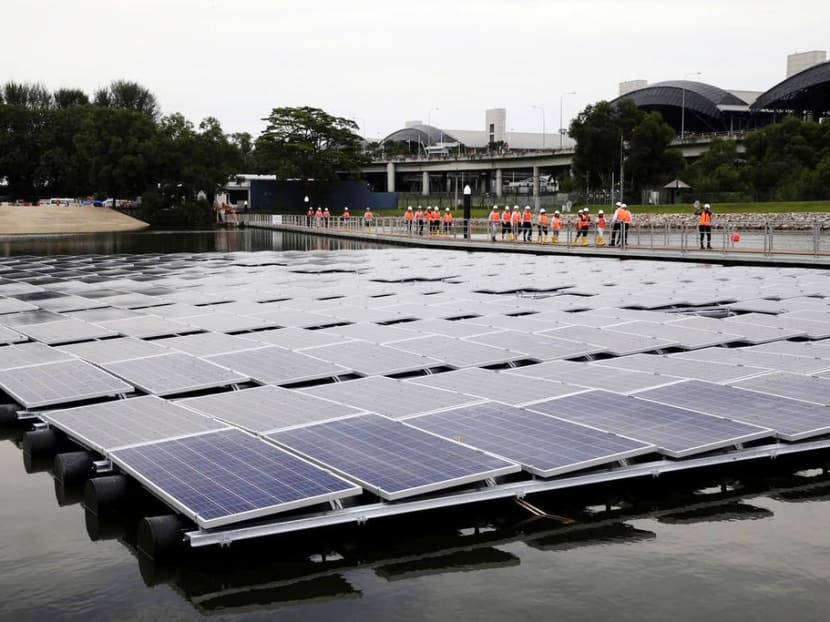 One out of ten of the floating solar systems being tested at Tengeh Reservoir beside the Tuas Checkpoint.