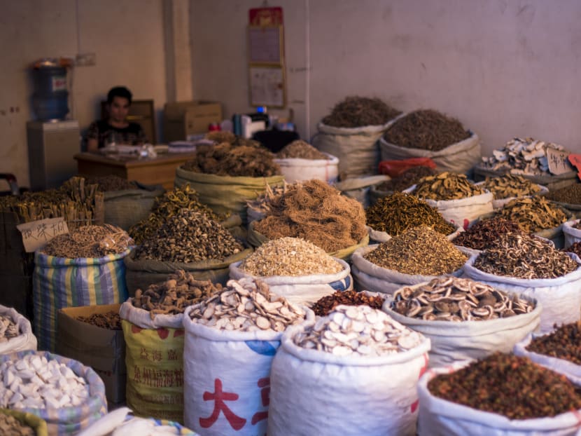 Various herbs and ingredients used in Chinese traditional medicine for sale at the Caizhuanyue Market in Yulin, southern China's Guangxi region. AFP file photo