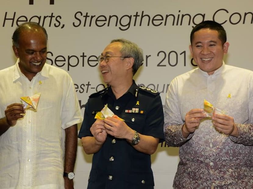 Mr Shanmugam, seen here at Saturday's event with Prisons Commissioner Desmond Chin and Homes Affairs and Health Senior Parliamentary Secretary Amrin Amin, says that Singapore is vulnerable as a transit point and import market for drugs. Mr Shanmugam, seen here at Saturday's event with Prisons Commissioner Desmond Chin and Homes Affairs and Health Senior Parliamentary Secretary Amrin Amin, says that Singapore is vulnerable as a transit point and import market for drugs.