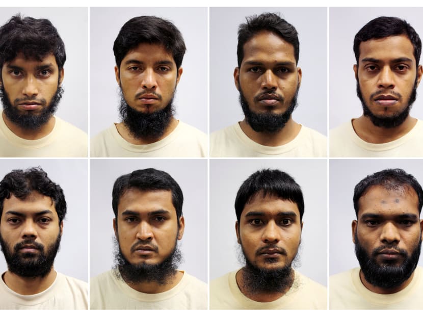 A combination of mugshots of Bangladeshi construction and marine industry workers - Islam Shariful (top L-R), Mamun Leakot Ali, Md Jabath Kysar Haje Norul Islam Sowdagar, Miah Rubel, Rahman Mizanur (bottom L-R), Sohag Ibrahim, Sohel Hawlader Ismail Hawlader and Zzaman Daulat - who were part of a radicalised group called the Islamic State in Bangladesh (ISB) detained in April under the Internal Security Act in Singapore in this handout photo released May 3, 2016.    Photo: Ministry of Home Affairs