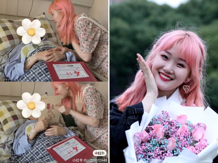 A picture (left) that Zheng Ling Hua posted on Xiaohongshu celebrating her acceptance to graduate school with her grandfather subsequently became the target of online harassment. Zheng (right) had dyed her hair a vibrant shade of pink for her graduation. 
