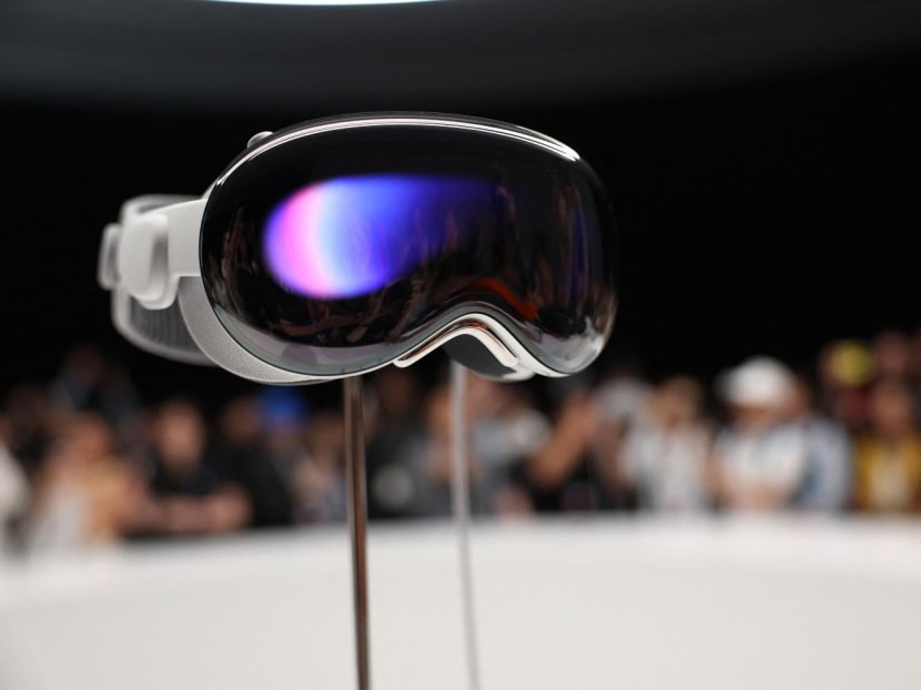 The new Apple Vision Pro headset is displayed during the Apple Worldwide Developers Conference on June 5, 2023 in Cupertino, California.