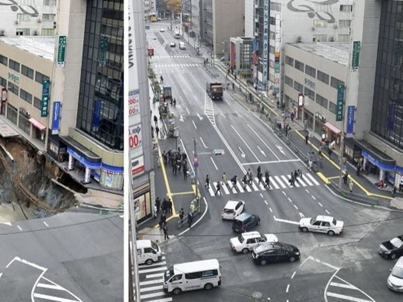 Now you see it, now you don't: The street with the sinkhole (left) has been fixed within a week. Photo: AP