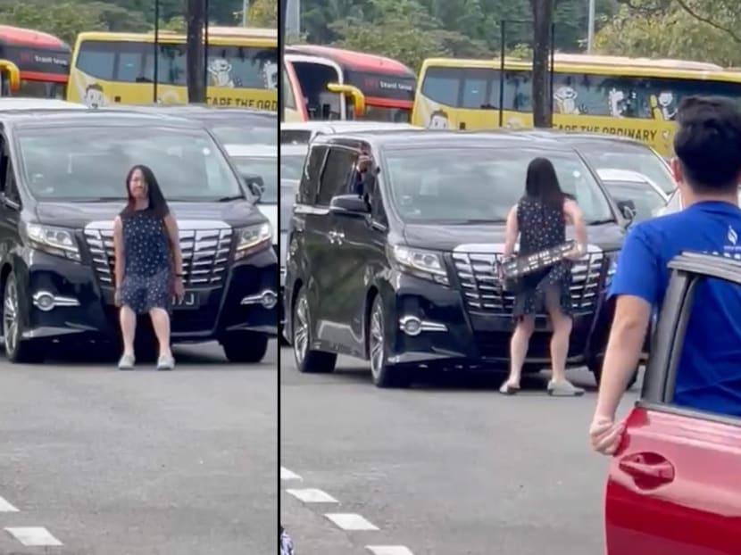 Videos of the confrontation showed a woman removing the number plate from&nbsp;a car and throwing it at the windscreen at the Second Link in Tuas.