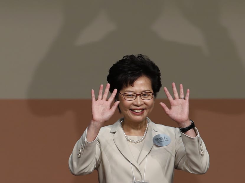 Former Hong Kong Chief Secretary Carrie Lam declares her victory in the chief executive election of Hong Kong in Hong Kong, Sunday, March 26, 2017. A committee dominated by pro-Beijing elites is casting ballots Sunday to choose Hong Kong's next leader in the first such vote since 2014's huge pro-democracy protests. Photo: AP