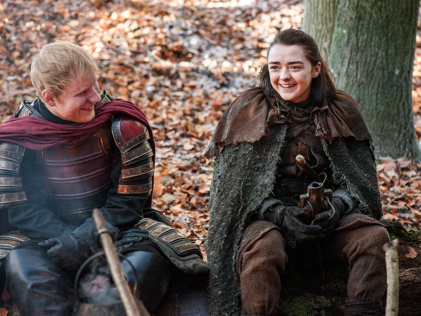 This image released by HBO shows Ed Sheeran, left, and Maisie Williams in a scene from Game of Thrones. Photo: HBO via AP