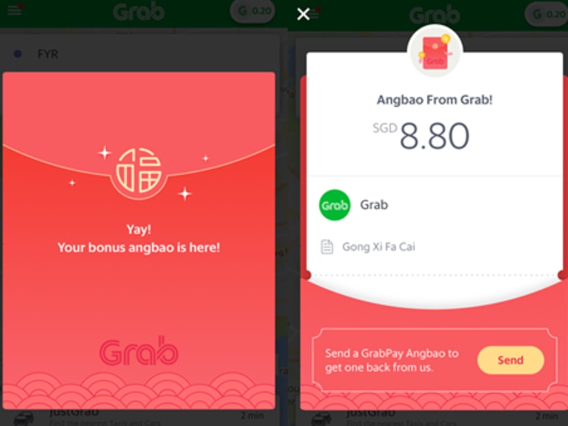 Ride-hailing company Grab's new electronic red packet service will allow users to send and receive angbao in the form of GrabPay credits through its app. Graphic: Grab
