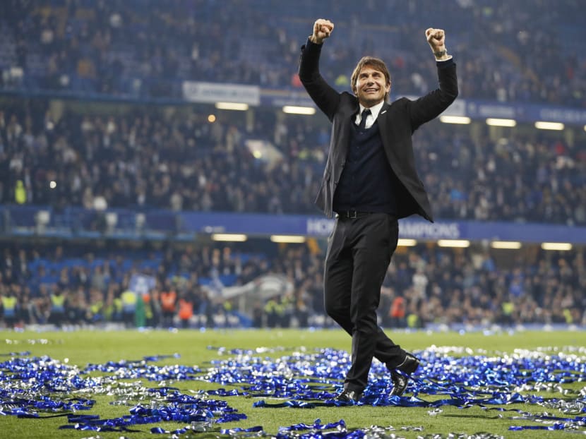 Chelsea manager Antonio Conte celebrating after his team’s 4-3 win over Watford in their first home match after clinching the title. The Italian’s first-season success rubbished a few myths about what it takes to win the league. Photo: Reuters