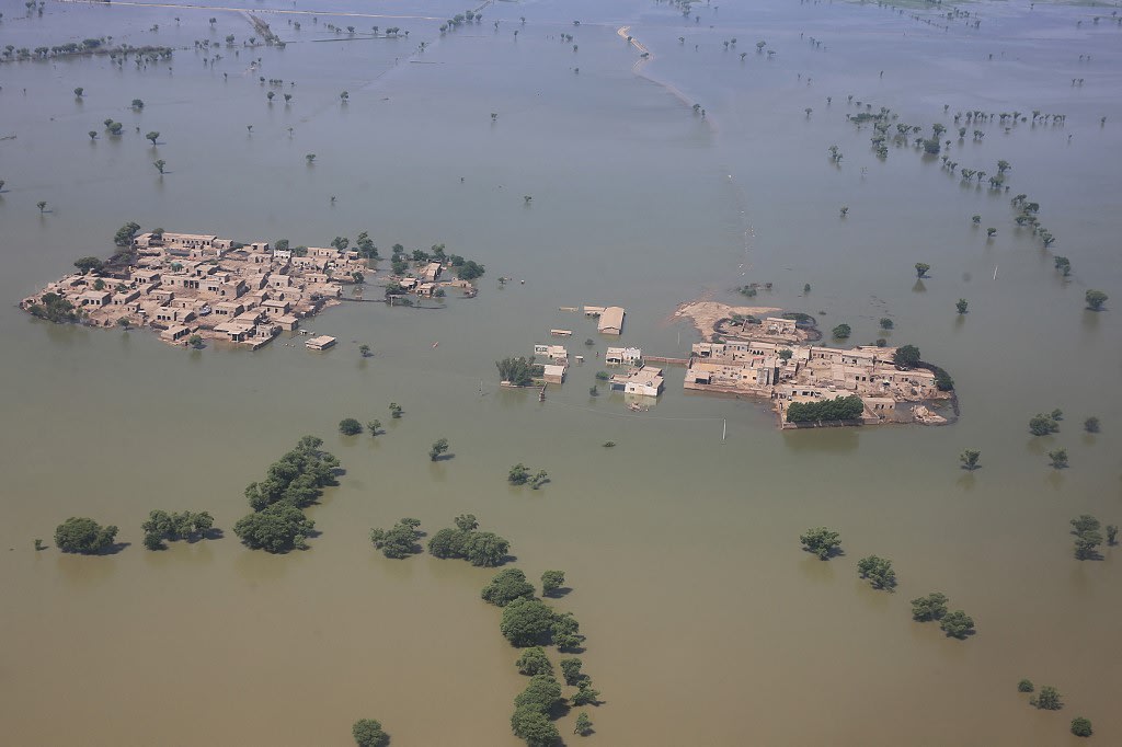 This aerial photograph taken on Sept 1, 2022 shows a flooded residential area after heavy monsoon rains in Dadu district of Sindh province. This aerial photograph taken on Sept 1, 2022 shows a flooded residential area after heavy monsoon rains in Dadu district of Sindh province.