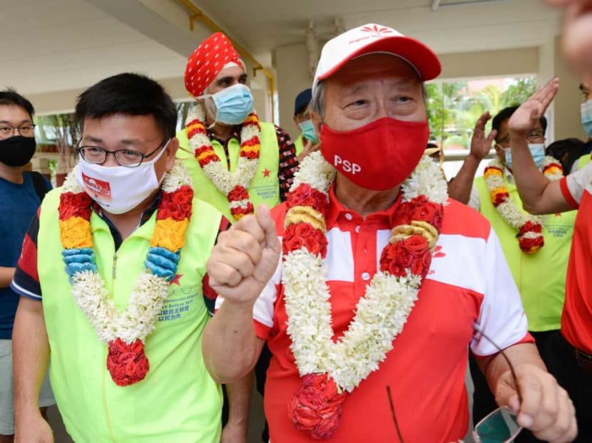 SDA chairman Desmond Lim (left) with PSP secretary-general Tan Cheng Bock in Pasir Ris-Punggol GRC on July 6, 2020.
