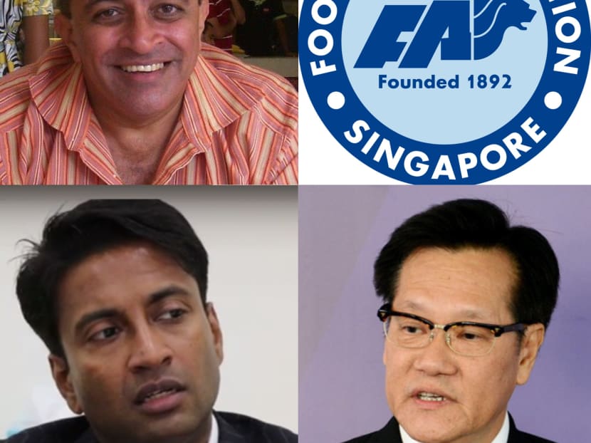 Suresh Nair (top left) had quoted in his article, which was published in The Independent, and Sport 247 websites, several unnamed S.League club officials accusing the FAS management for leaking the news about Tampines Rovers chairman Krishna Ramachandra's intentions (bottom left)  to step down. Photos: Suresh Nair, TODAY file photos