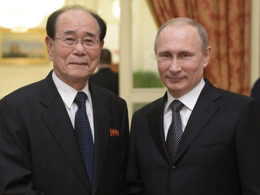 In this Feb 7, 2014 file photo, Russian President Vladimir Putin, right, shakes hands with president of the Presidium of North Korea's Supreme People's Assembly Kim Yong Nam at the Olympic reception hosted by the Russian President in Sochi, Russia.  Photo: AP