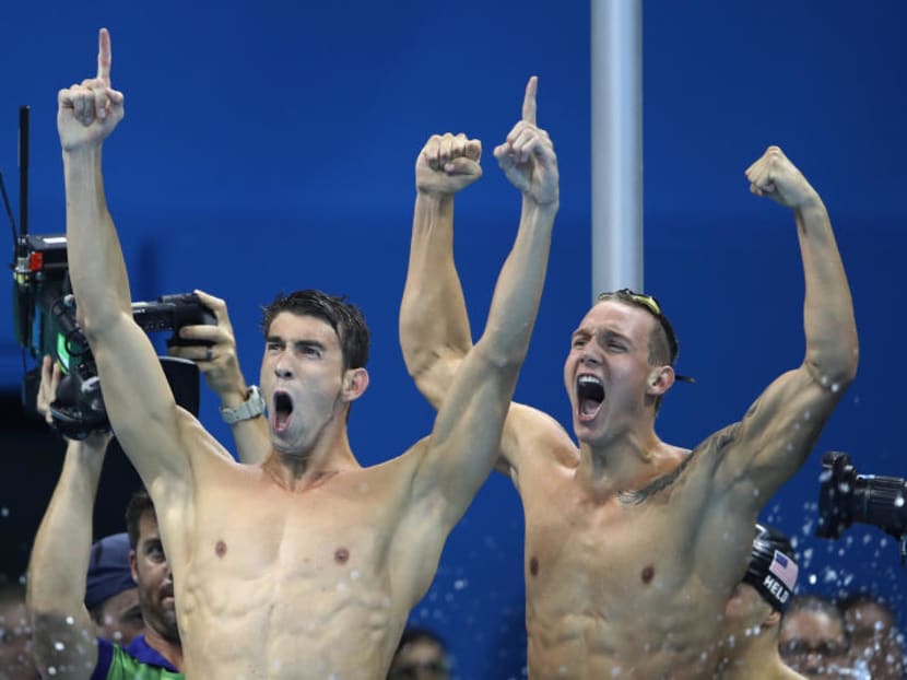 Michael Phelps and teammate Caeleb Dressel celebrating their victory in the Men's 4 x 100m Freestyle Relay. Photo: Getty Images