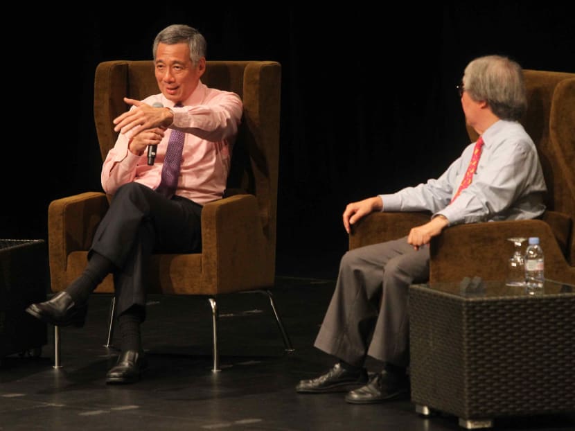 Prime Minister Lee Hsien Loong replies to a question during the Question-and-Answer session moderated by Professor Tommy Koh, after speaking on Singapore in Transition – The Next Phase, at the NUSS 60th Anniversary Lecture held in the University Cultural Centre, Oct 3, 2014. Photo: Ooi Boon Keong