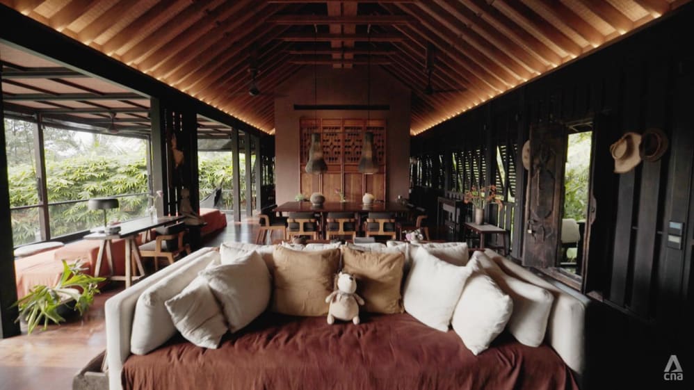 A modern Balinese longhouse built with lava stones from the volcano Mount Agung