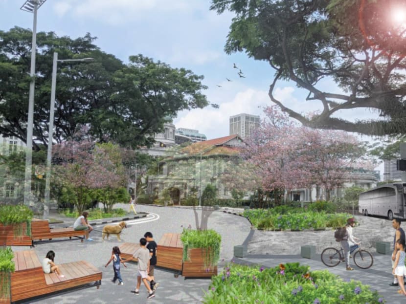 An artist impression of the Civic District with the pedestrianisation of Connaught Drive and Anderson Bridge/Fullerton Road. Visitors will be able to enjoy a "seamless walking experience" between Esplanade Park, Empress Place and the Padang once works are completed.