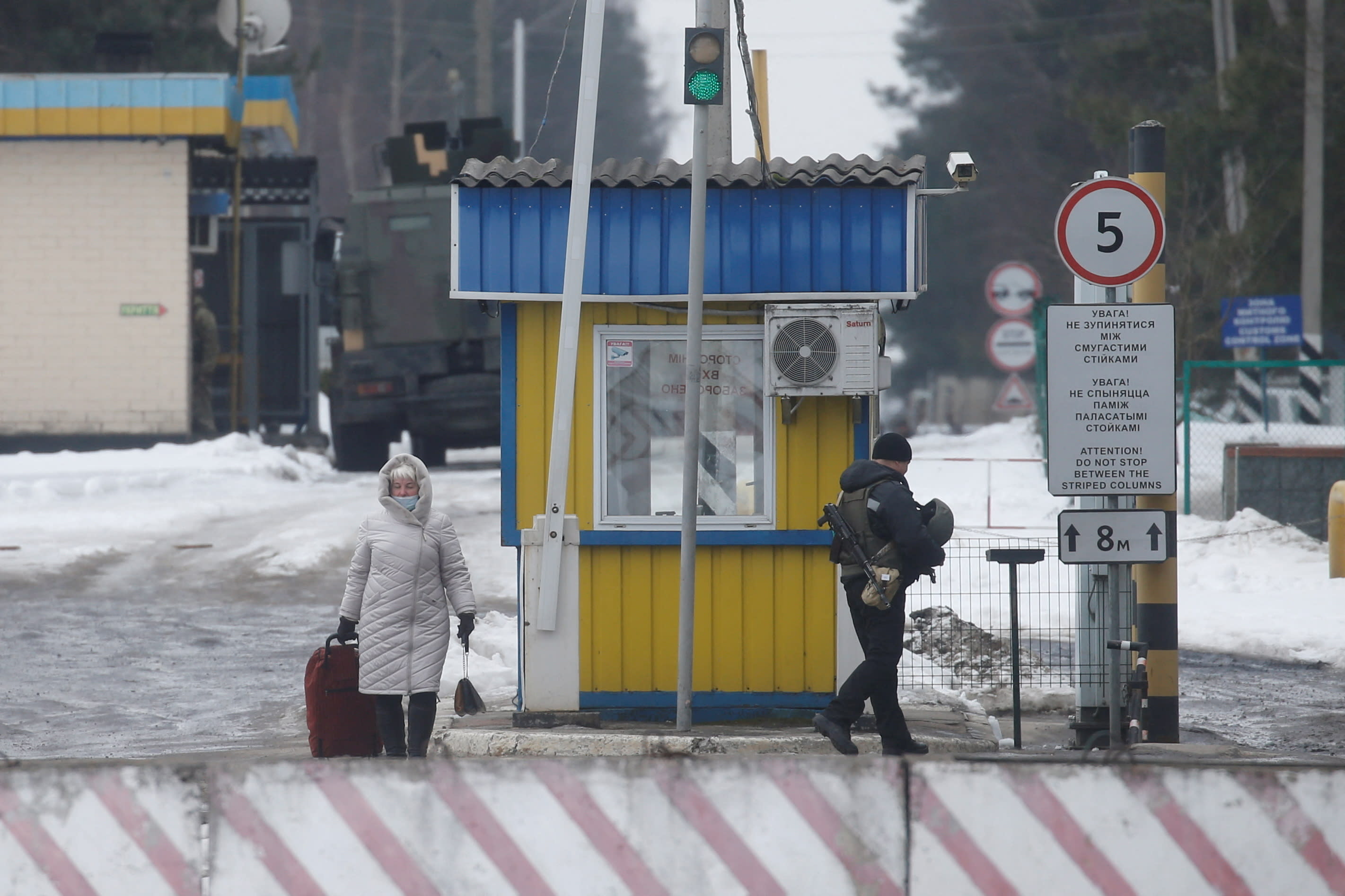 A view shows the Senkivka checkpoint near the border with Belarus and Russia in the Chernihiv region, Ukraine on Feb 16, 2022.