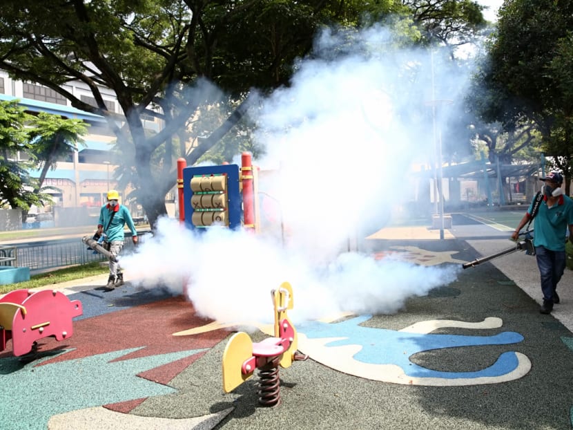 Pest control workers fogging around the Sims Drive area. Photo: Nuria Ling/TODAY Pest control workers fogging around the Sims Drive area. Photo: Nuria Ling/TODAY