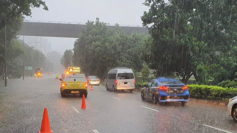 Flash floods at Punggol Way and KPE as heavy rain falls over many areas in Singapore