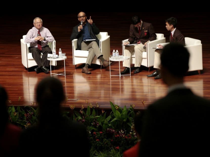 Mr Tharman responding to questions at the Pre-University Seminar yesterday. Photo: Jason Quah
