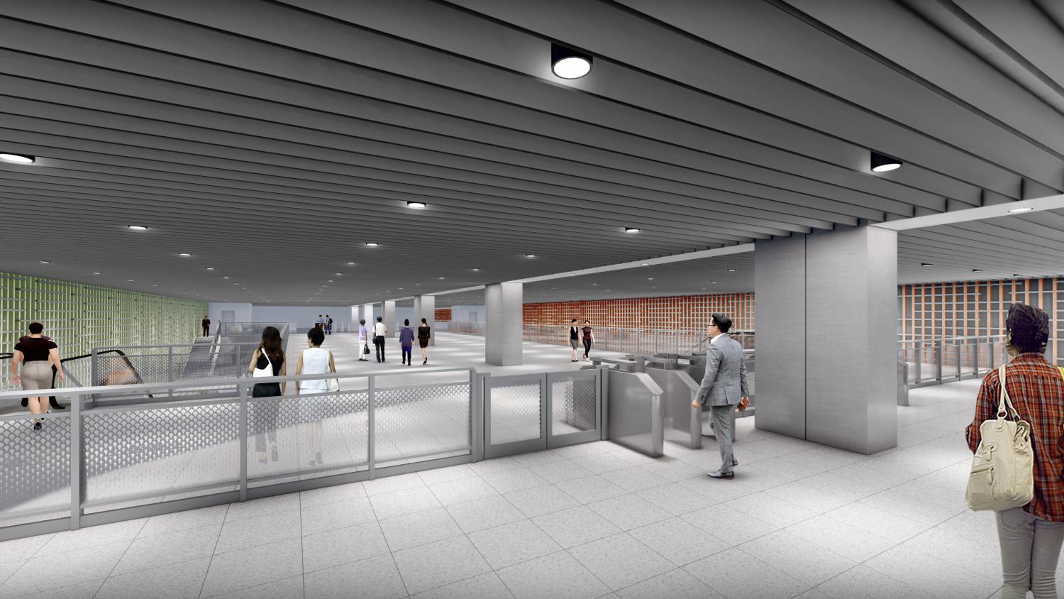 An artist's impression of the interior of an MRT station from the first phase of the Cross Island Line. An artist's impression of the interior of an MRT station from the first phase of the Cross Island Line.
