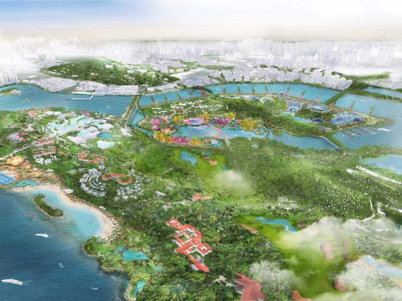 An artist’s impression of a daytime bird’s eye view of the developments on Sentosa and Pulau Brani, under the Sentosa-Brani Master Plan.