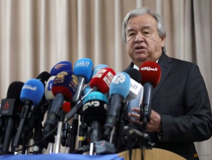 United Nations Secretary-General Antonio Guterres speaks during a press conference inside a UNRWA school, at Al-Wehdat camp for Palestinian refugees, in Amman, Jordan on March 25, 2024. 