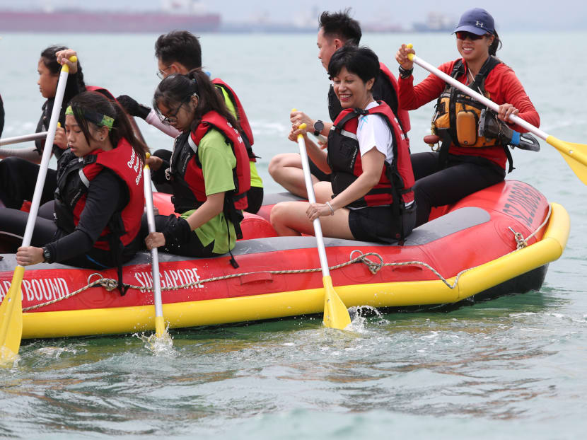 Second Minister for Education Indranee Rajah joining the students from Deyi Secondary School, Geylang Methodist Secondary School, Hwa Chong Institution and St Patrick's School on an Inflatable Row Boat during their OBS programme at OBS East Coast  Campus on Thursday (Nov 1).