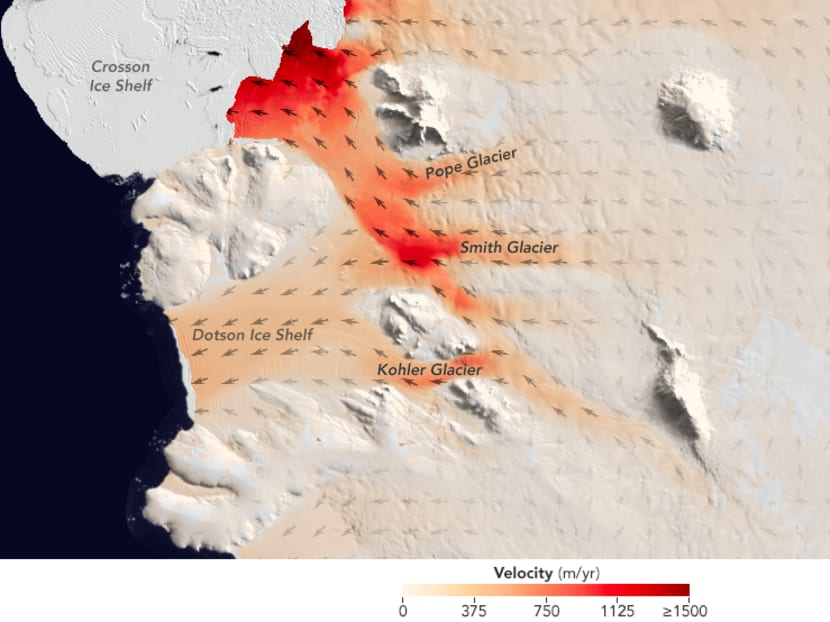 A handout graphic released by Nature and created by NASA's Earth Observatory shows flow speeds of the Smith, Pope and Kohler Glaciers and the Dotson Ice Shelf. A large glacier in West Antarctica lost up to half a kilometre in thickness in seven years, thinning more quickly than scientists thought possible, according to a study released on October 25, 2016. Photo via AFP