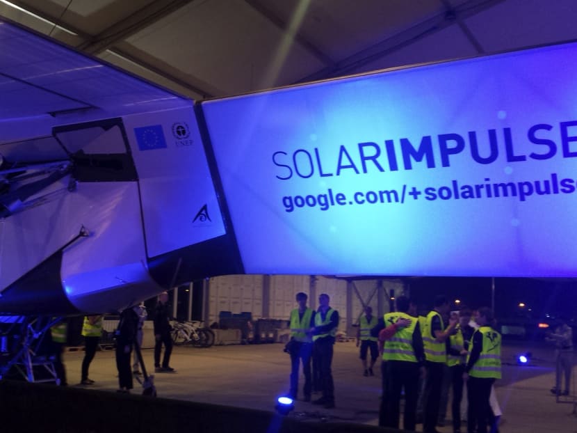 The Solar Impulse 2 as it prepares to depart from Abu Dhabi, United Arab Emirates, today (March 9). Swiss pioneers and pilots will attempt to make the first solar-powered flight round-the-world without a drop of fuel . Photo: AP