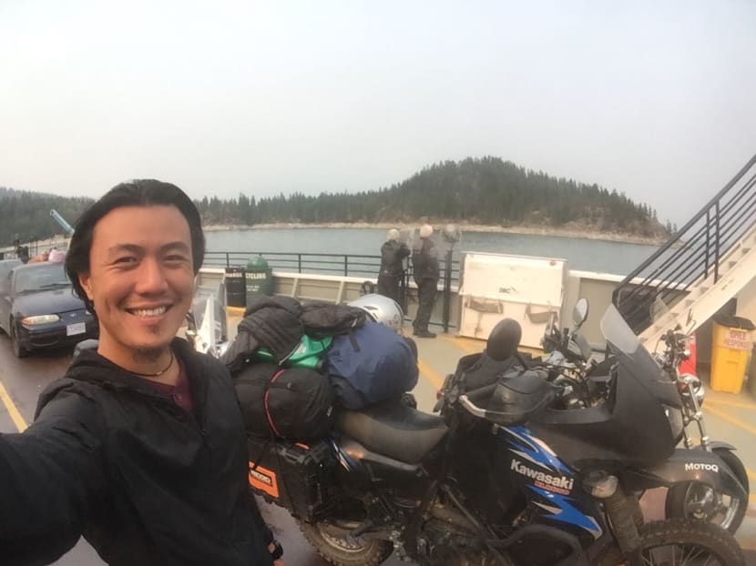 Mr Marcus Seng crossing a river in Canada with his motorbike. The 30-year-old former Naval Officer at the Las Vegas Strip when a shooting — the deadliest shooting in modern US history — occured. Photo: Marcus Seng