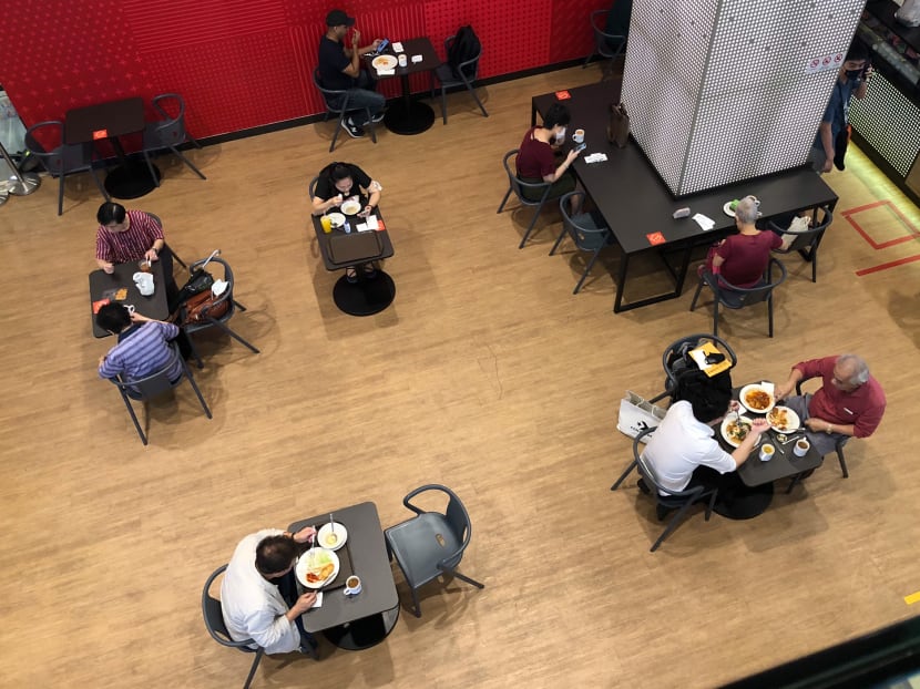 An eatery at Chinatown Point mall where customers were still seated at two-to-a-table on July 19, 2021.