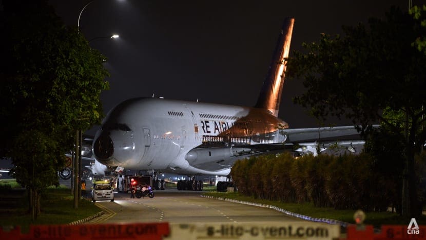 Two Singapore Airlines A380s towed along public road to be scrapped at Changi Exhibition Centre Two Singapore Airlines A380s towed along public road to be scrapped at Changi Exhibition Centre
